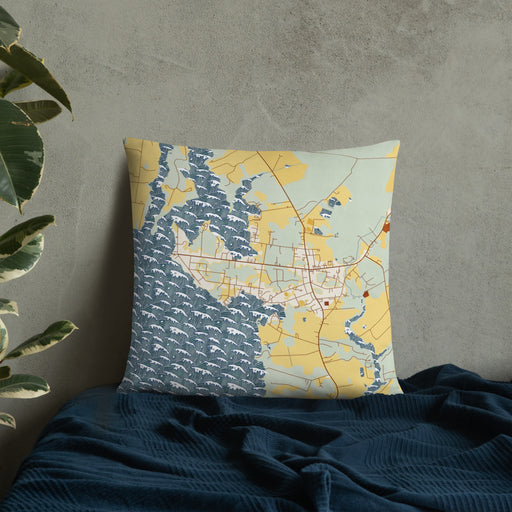 Custom Rock Hall Maryland Map Throw Pillow in Woodblock on Bedding Against Wall