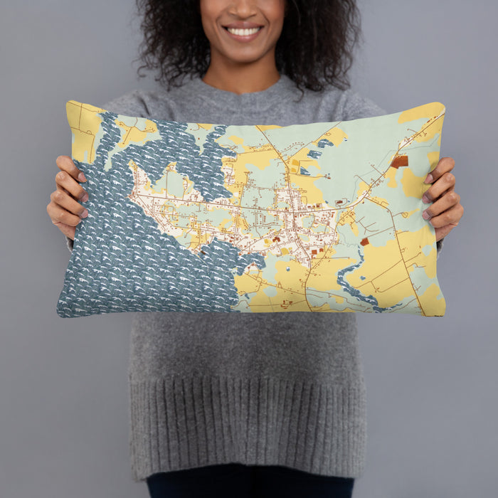 Person holding 20x12 Custom Rock Hall Maryland Map Throw Pillow in Woodblock