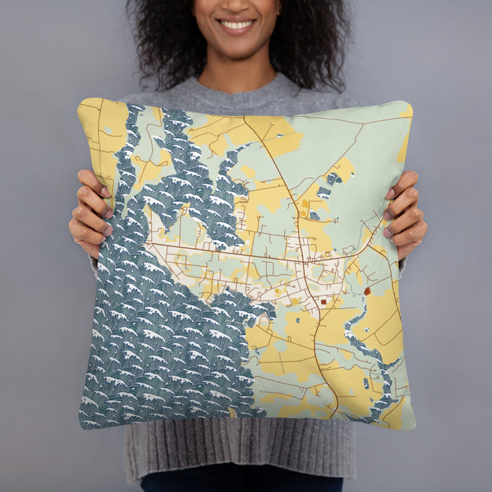 Person holding 18x18 Custom Rock Hall Maryland Map Throw Pillow in Woodblock