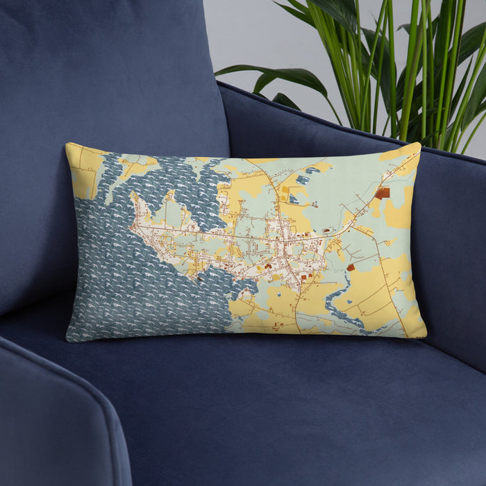 Custom Rock Hall Maryland Map Throw Pillow in Woodblock on Blue Colored Chair
