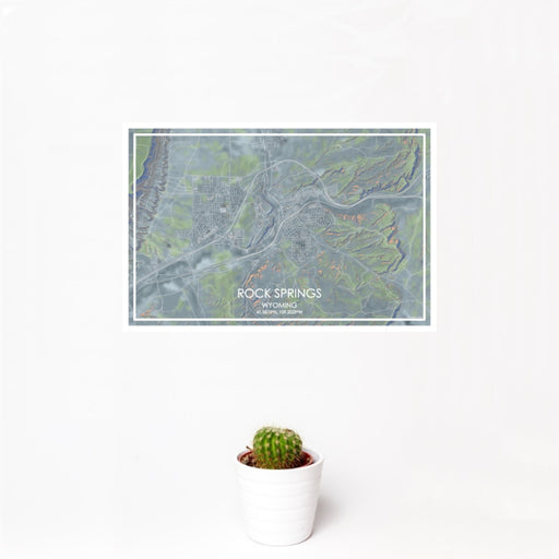 12x18 Rock Springs Wyoming Map Print Landscape Orientation in Afternoon Style With Small Cactus Plant in White Planter