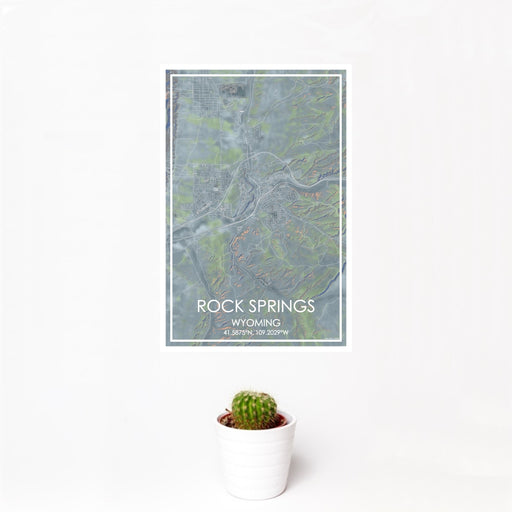 12x18 Rock Springs Wyoming Map Print Portrait Orientation in Afternoon Style With Small Cactus Plant in White Planter