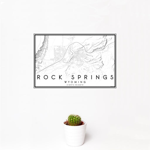 12x18 Rock Springs Wyoming Map Print Landscape Orientation in Classic Style With Small Cactus Plant in White Planter