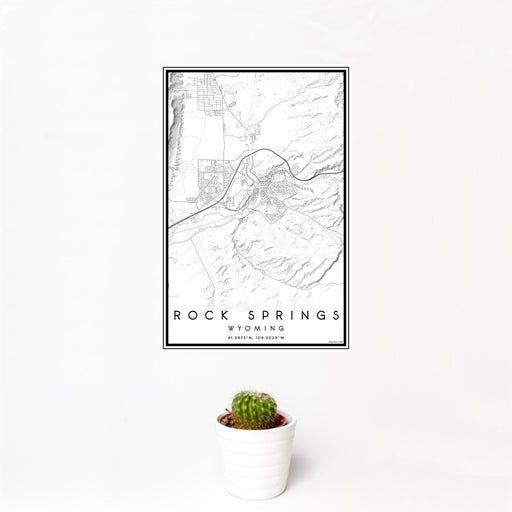 12x18 Rock Springs Wyoming Map Print Portrait Orientation in Classic Style With Small Cactus Plant in White Planter