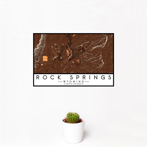 12x18 Rock Springs Wyoming Map Print Landscape Orientation in Ember Style With Small Cactus Plant in White Planter