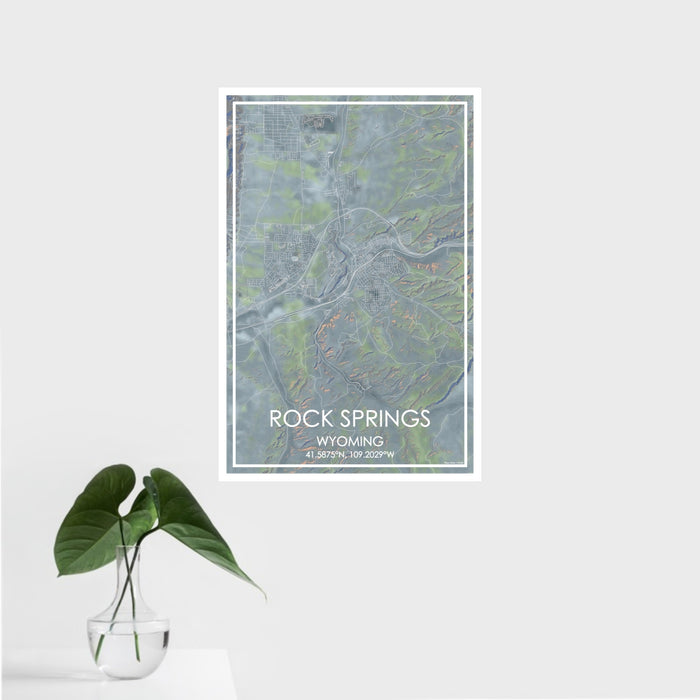 16x24 Rock Springs Wyoming Map Print Portrait Orientation in Afternoon Style With Tropical Plant Leaves in Water