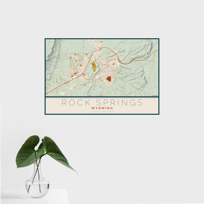 16x24 Rock Springs Wyoming Map Print Landscape Orientation in Woodblock Style With Tropical Plant Leaves in Water