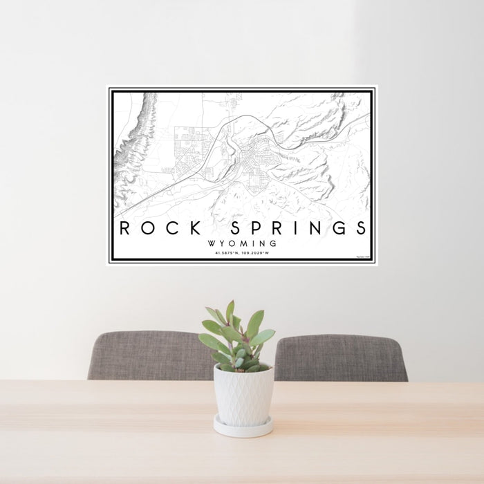 24x36 Rock Springs Wyoming Map Print Lanscape Orientation in Classic Style Behind 2 Chairs Table and Potted Plant