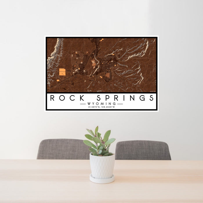 24x36 Rock Springs Wyoming Map Print Lanscape Orientation in Ember Style Behind 2 Chairs Table and Potted Plant