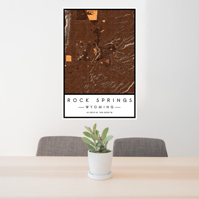 24x36 Rock Springs Wyoming Map Print Portrait Orientation in Ember Style Behind 2 Chairs Table and Potted Plant