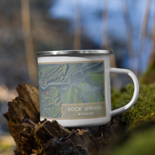 Right View Custom Rock Springs Wyoming Map Enamel Mug in Afternoon on Grass With Trees in Background