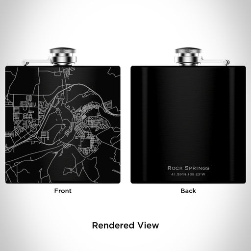 Rendered View of Rock Springs Wyoming Map Engraving on 6oz Stainless Steel Flask in Black