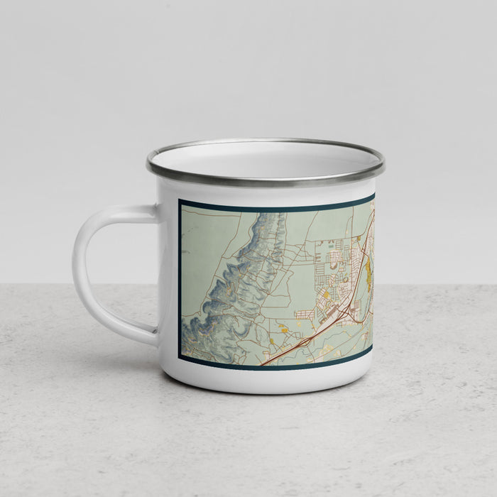 Left View Custom Rock Springs Wyoming Map Enamel Mug in Woodblock