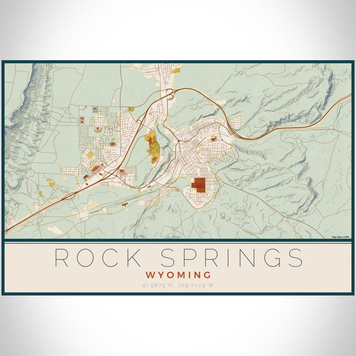 Rock Springs Wyoming Map Print Landscape Orientation in Woodblock Style With Shaded Background