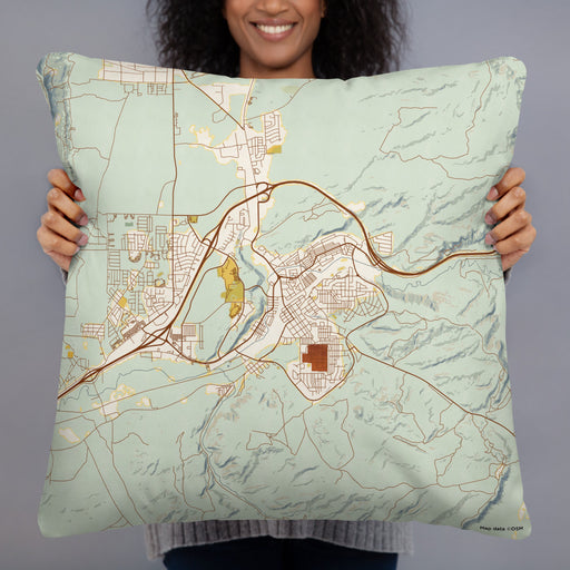 Person holding 22x22 Custom Rock Springs Wyoming Map Throw Pillow in Woodblock