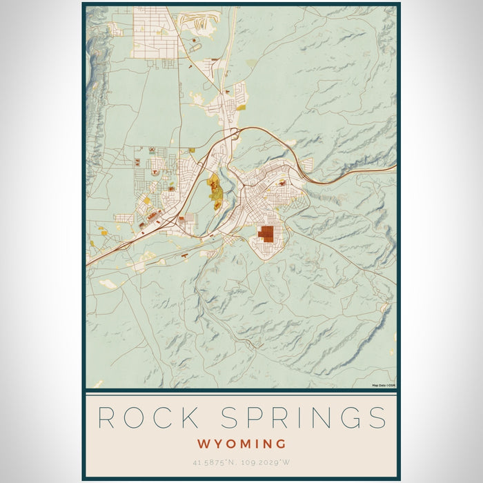 Rock Springs Wyoming Map Print Portrait Orientation in Woodblock Style With Shaded Background