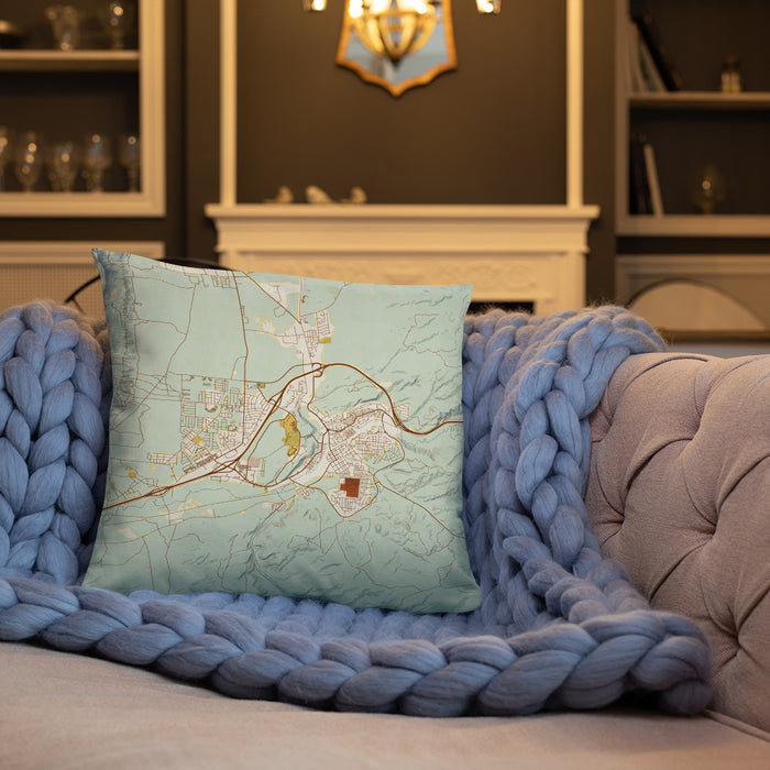 Custom Rock Springs Wyoming Map Throw Pillow in Woodblock on Cream Colored Couch