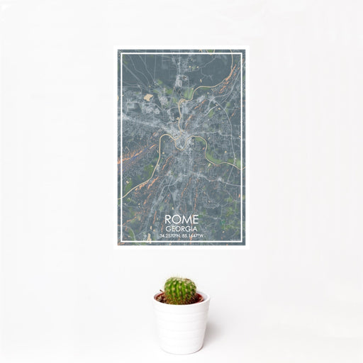 12x18 Rome Georgia Map Print Portrait Orientation in Afternoon Style With Small Cactus Plant in White Planter
