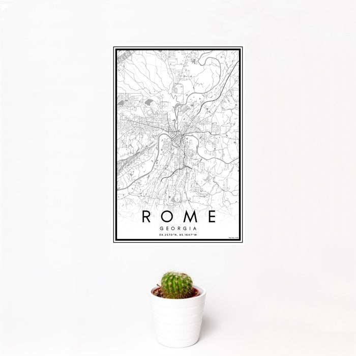 12x18 Rome Georgia Map Print Portrait Orientation in Classic Style With Small Cactus Plant in White Planter