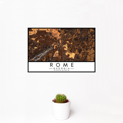 12x18 Rome Georgia Map Print Landscape Orientation in Ember Style With Small Cactus Plant in White Planter