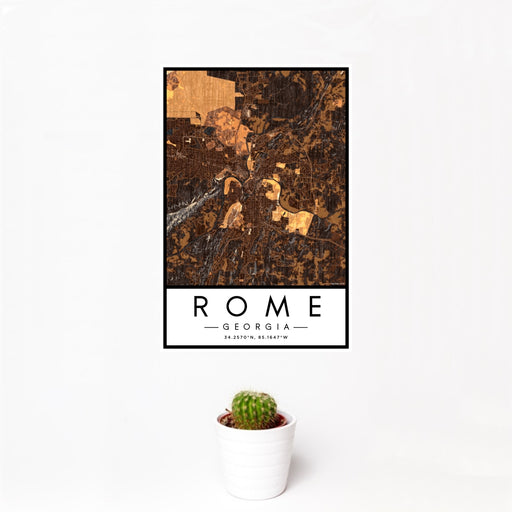 12x18 Rome Georgia Map Print Portrait Orientation in Ember Style With Small Cactus Plant in White Planter