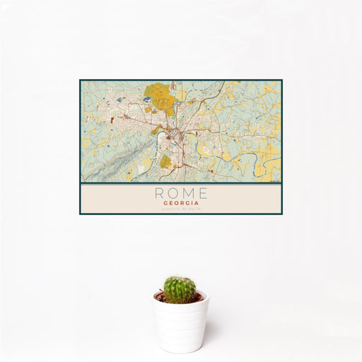 12x18 Rome Georgia Map Print Landscape Orientation in Woodblock Style With Small Cactus Plant in White Planter