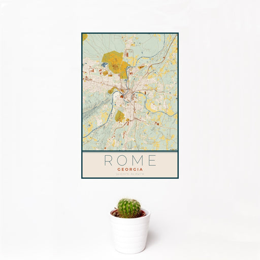 12x18 Rome Georgia Map Print Portrait Orientation in Woodblock Style With Small Cactus Plant in White Planter