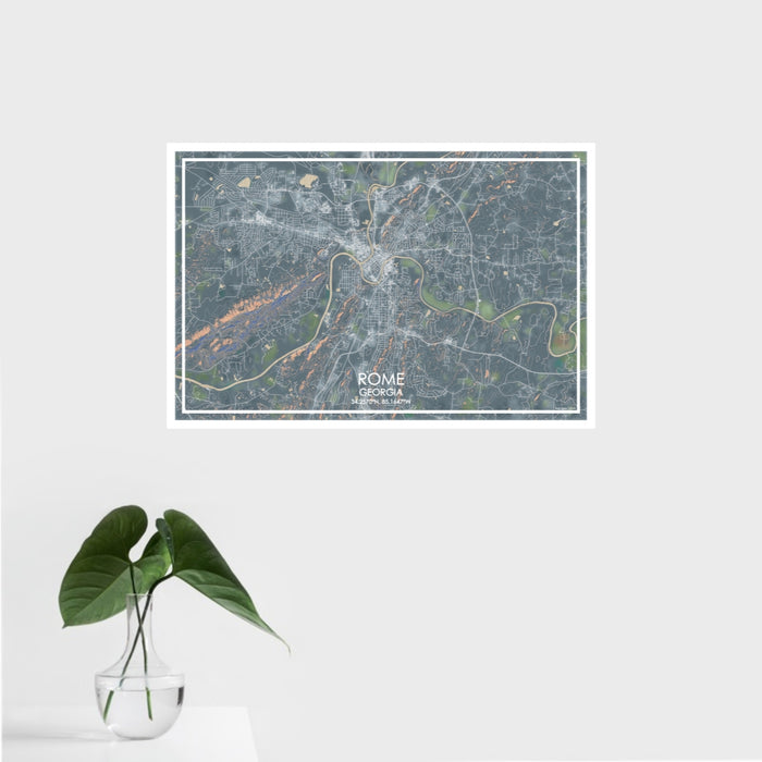 16x24 Rome Georgia Map Print Landscape Orientation in Afternoon Style With Tropical Plant Leaves in Water