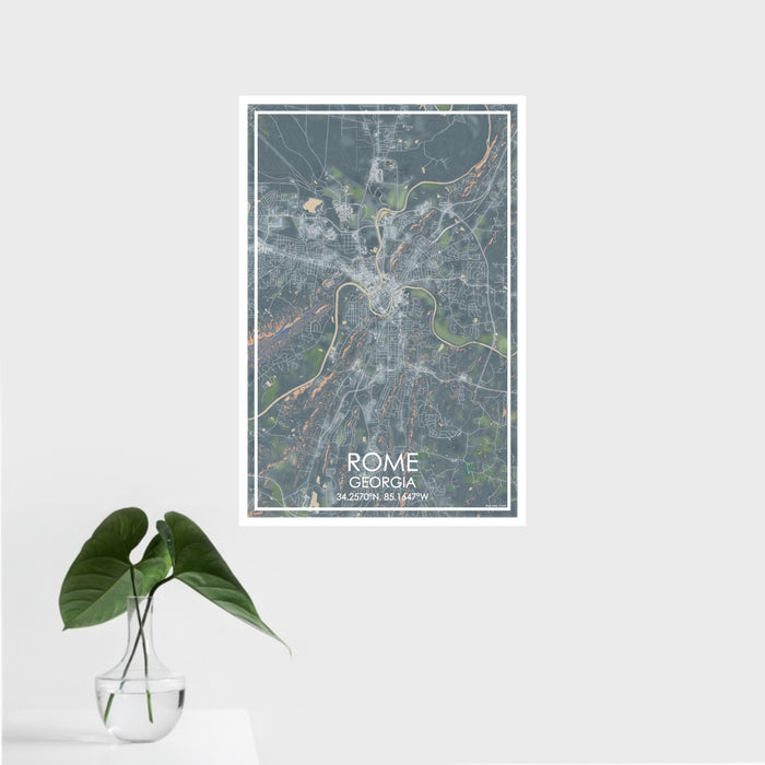 16x24 Rome Georgia Map Print Portrait Orientation in Afternoon Style With Tropical Plant Leaves in Water