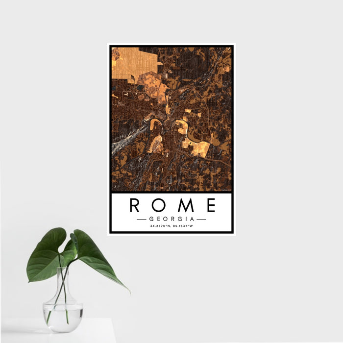16x24 Rome Georgia Map Print Portrait Orientation in Ember Style With Tropical Plant Leaves in Water