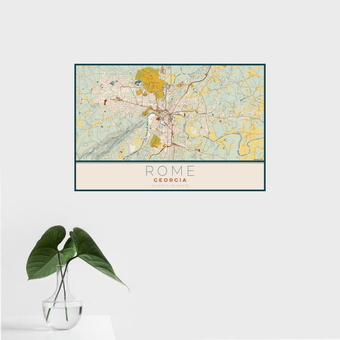 16x24 Rome Georgia Map Print Landscape Orientation in Woodblock Style With Tropical Plant Leaves in Water