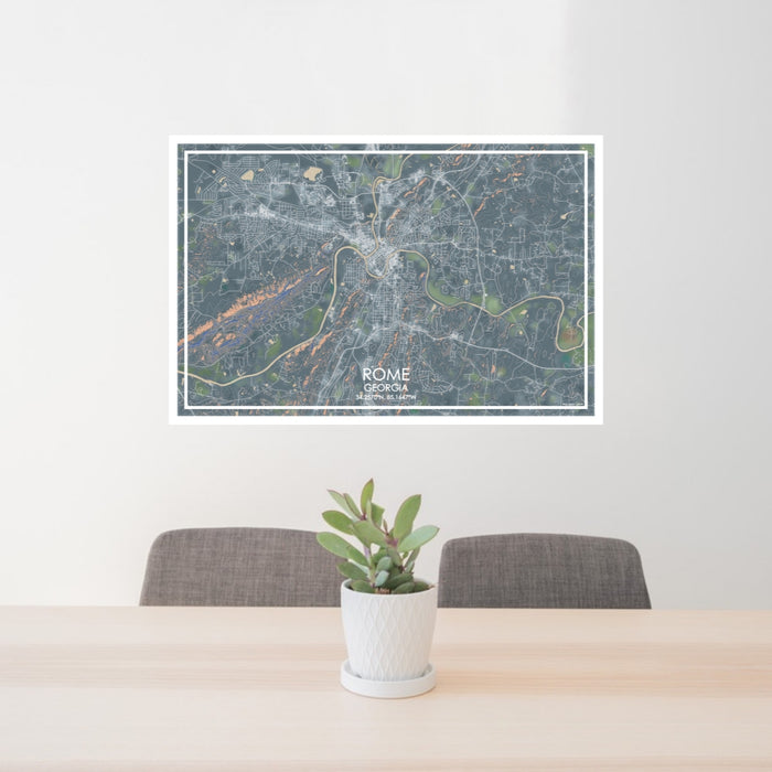24x36 Rome Georgia Map Print Lanscape Orientation in Afternoon Style Behind 2 Chairs Table and Potted Plant