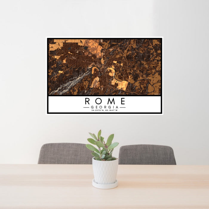 24x36 Rome Georgia Map Print Lanscape Orientation in Ember Style Behind 2 Chairs Table and Potted Plant