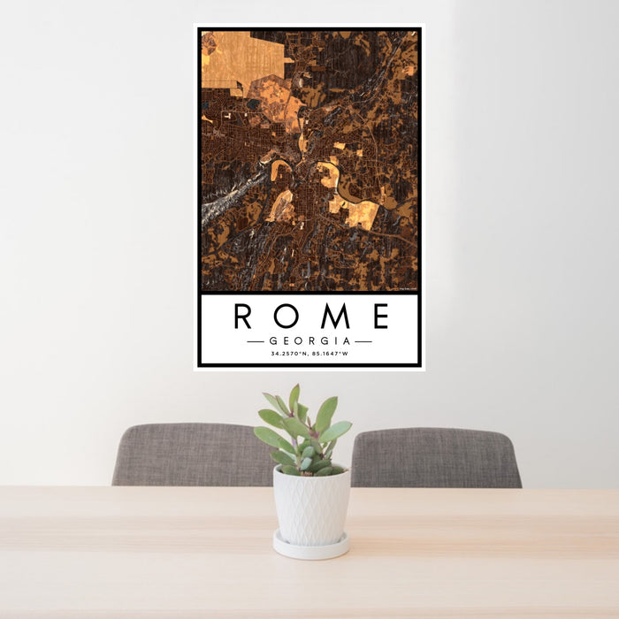 24x36 Rome Georgia Map Print Portrait Orientation in Ember Style Behind 2 Chairs Table and Potted Plant