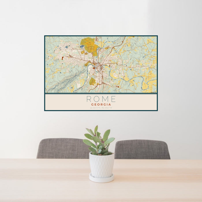 24x36 Rome Georgia Map Print Lanscape Orientation in Woodblock Style Behind 2 Chairs Table and Potted Plant