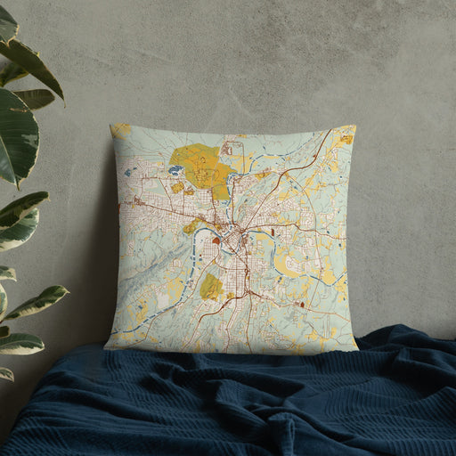 Custom Rome Georgia Map Throw Pillow in Woodblock on Bedding Against Wall