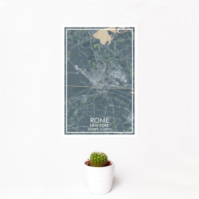 12x18 Rome New York Map Print Portrait Orientation in Afternoon Style With Small Cactus Plant in White Planter