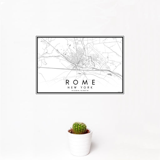 12x18 Rome New York Map Print Landscape Orientation in Classic Style With Small Cactus Plant in White Planter