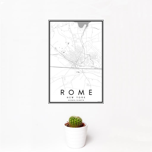 12x18 Rome New York Map Print Portrait Orientation in Classic Style With Small Cactus Plant in White Planter