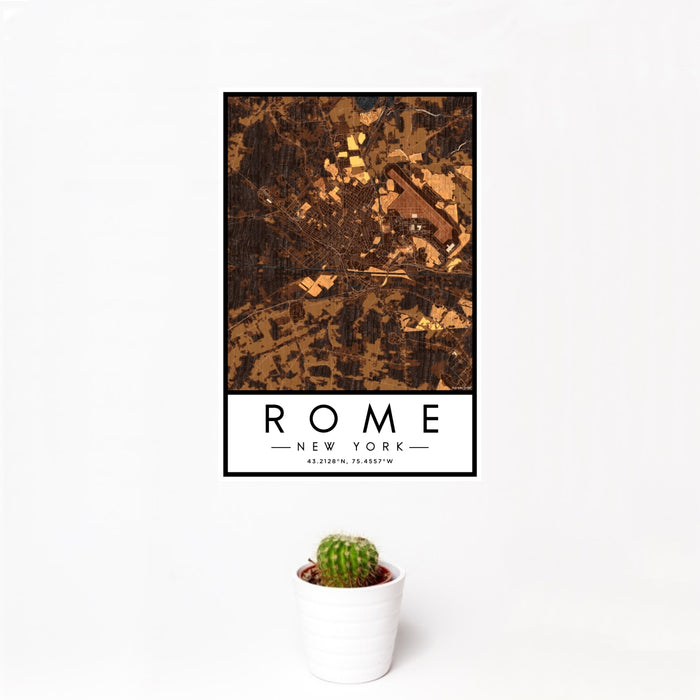 12x18 Rome New York Map Print Portrait Orientation in Ember Style With Small Cactus Plant in White Planter