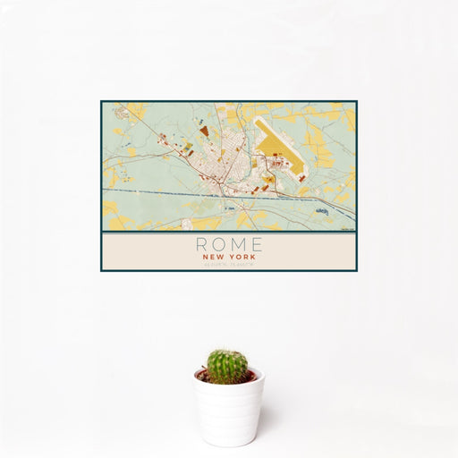 12x18 Rome New York Map Print Landscape Orientation in Woodblock Style With Small Cactus Plant in White Planter