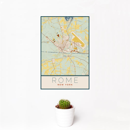 12x18 Rome New York Map Print Portrait Orientation in Woodblock Style With Small Cactus Plant in White Planter