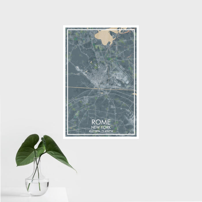 16x24 Rome New York Map Print Portrait Orientation in Afternoon Style With Tropical Plant Leaves in Water