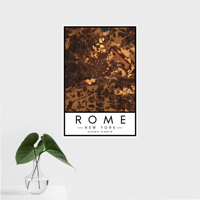 16x24 Rome New York Map Print Portrait Orientation in Ember Style With Tropical Plant Leaves in Water