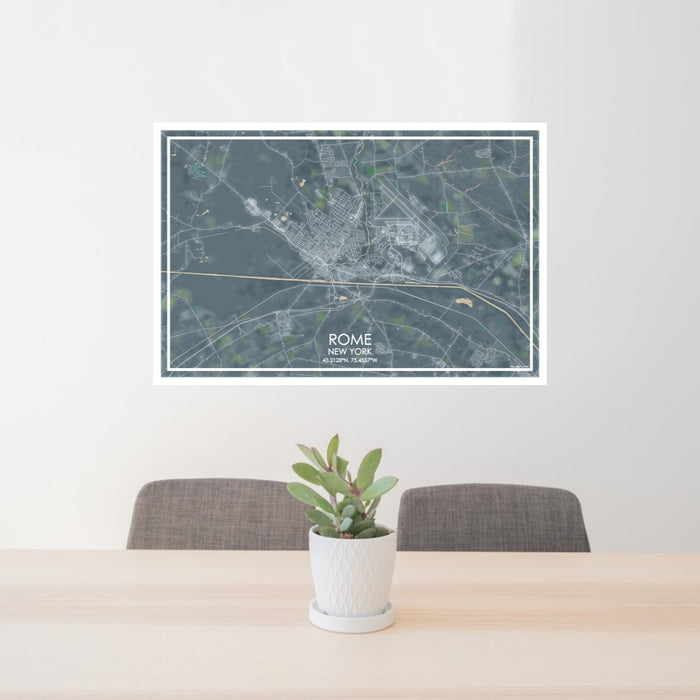 24x36 Rome New York Map Print Lanscape Orientation in Afternoon Style Behind 2 Chairs Table and Potted Plant