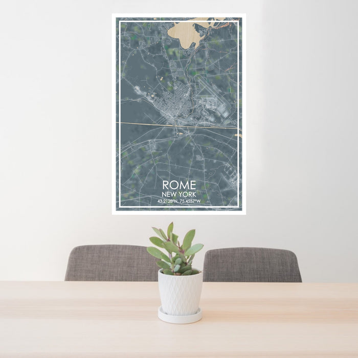 24x36 Rome New York Map Print Portrait Orientation in Afternoon Style Behind 2 Chairs Table and Potted Plant