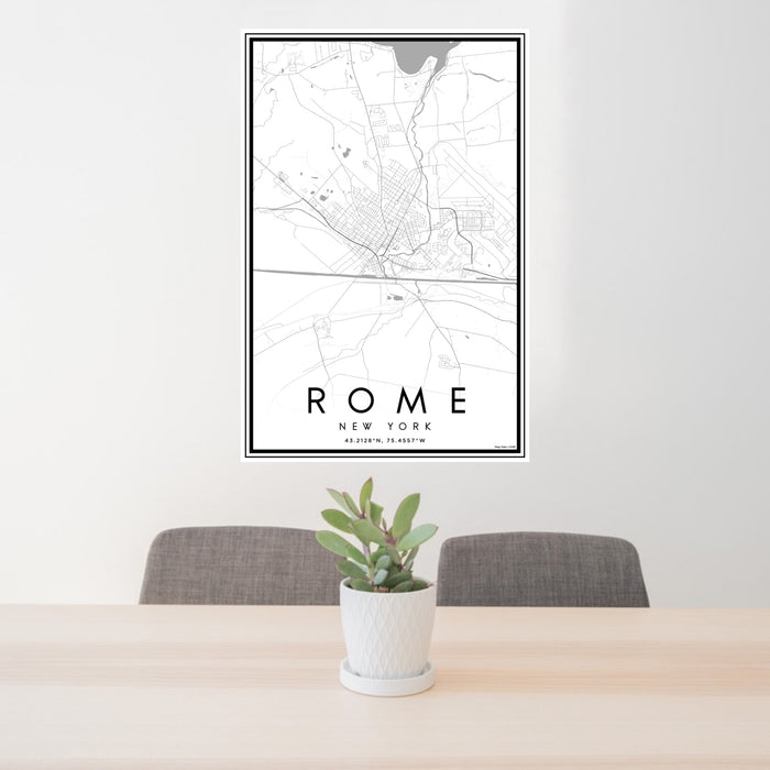 24x36 Rome New York Map Print Portrait Orientation in Classic Style Behind 2 Chairs Table and Potted Plant