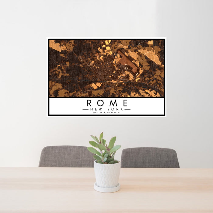 24x36 Rome New York Map Print Lanscape Orientation in Ember Style Behind 2 Chairs Table and Potted Plant