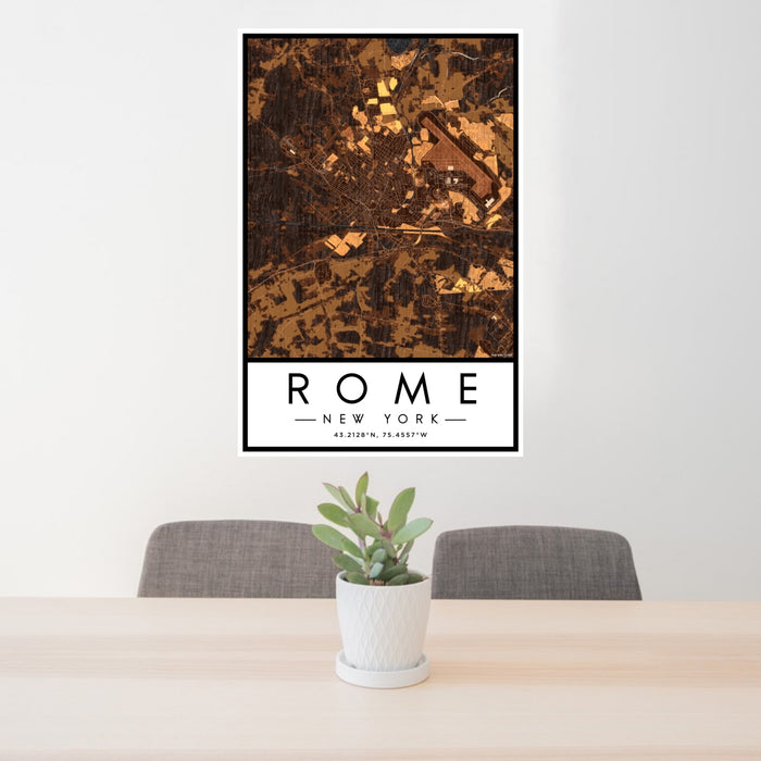 24x36 Rome New York Map Print Portrait Orientation in Ember Style Behind 2 Chairs Table and Potted Plant