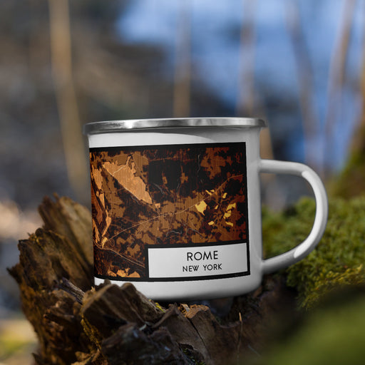 Right View Custom Rome New York Map Enamel Mug in Ember on Grass With Trees in Background